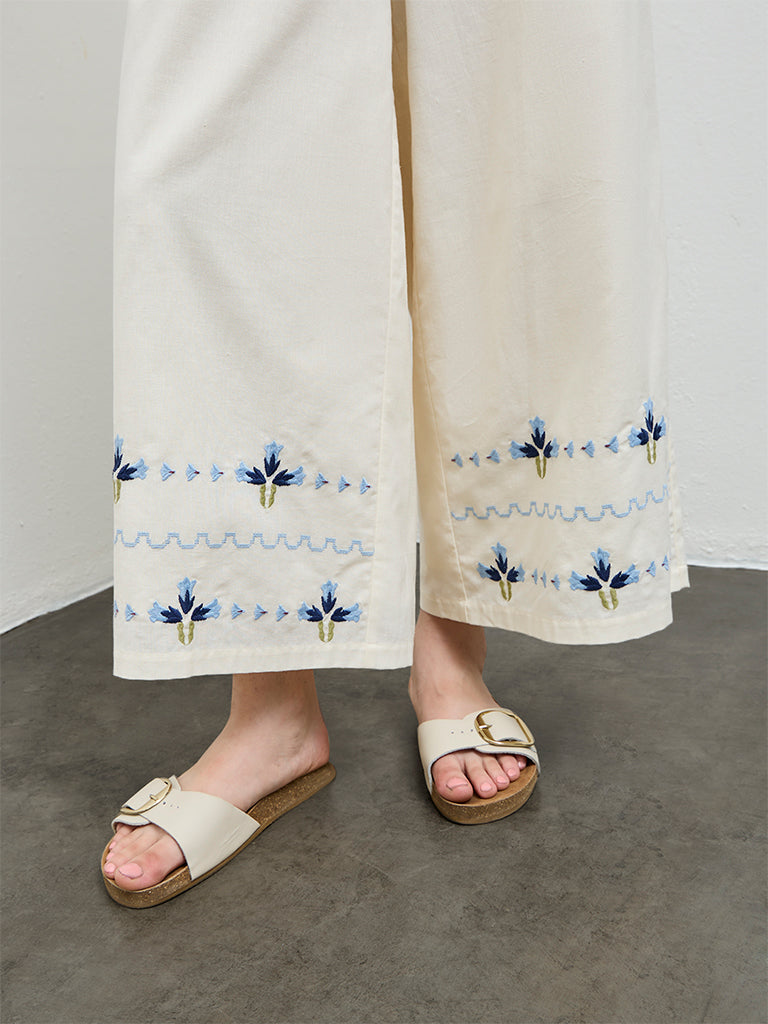 Bombay Paisley Cream Floral Embroidered Cotton-Blend Pants