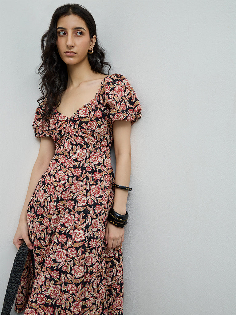 Bombay Paisley Black Floral Design Cotton A-Line Dress