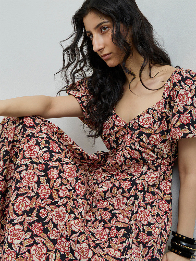 Bombay Paisley Black Floral Design Cotton A-Line Dress