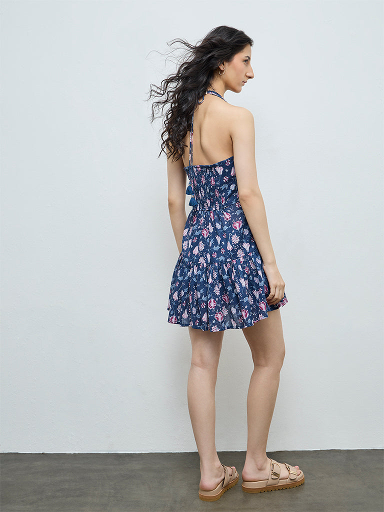 Bombay Paisley Blue Floral Design Cotton A-Line Dress
