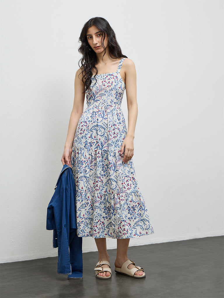 Bombay Paisley Blue Floral Cotton Tiered Dress with Jacket