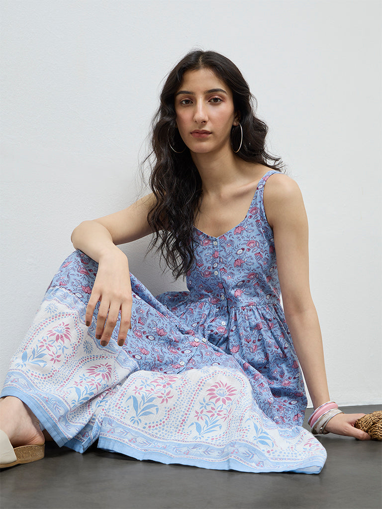Bombay Paisley Blue Floral Cotton Tiered Dress