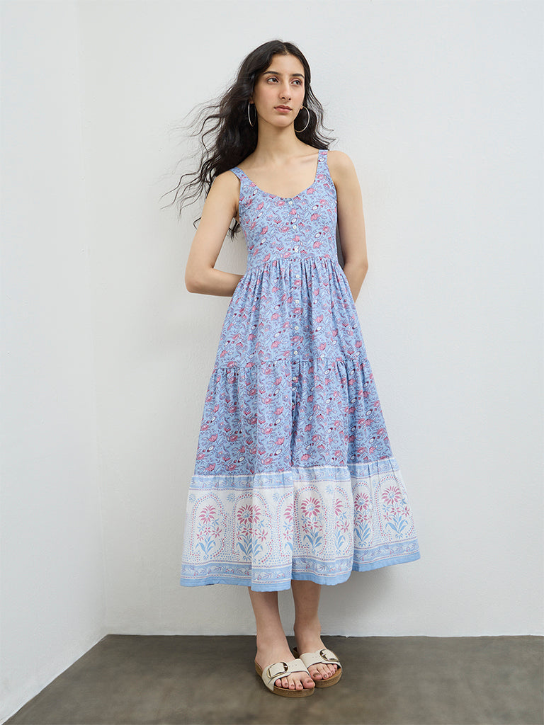 Bombay Paisley Blue Floral Cotton Tiered Dress