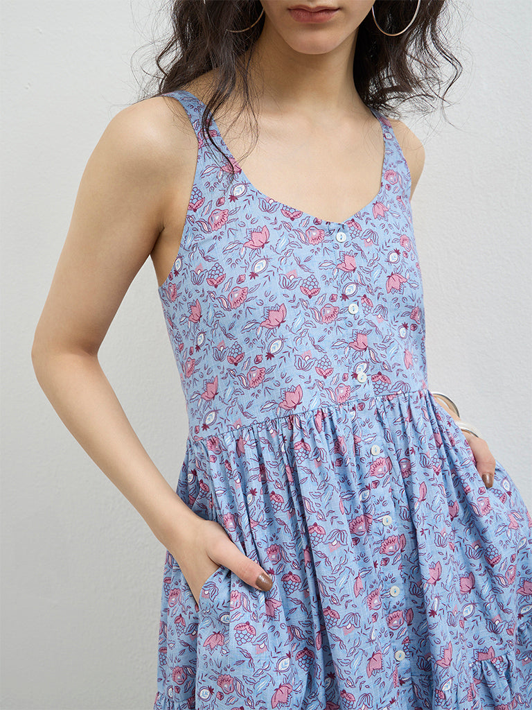 Bombay Paisley Blue Floral Cotton Tiered Dress