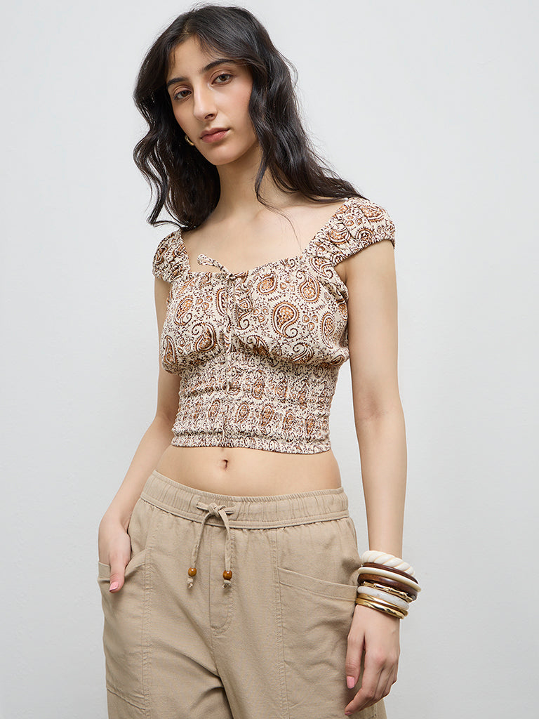 Bombay Paisley Beige Paisley Printed Cotton Top