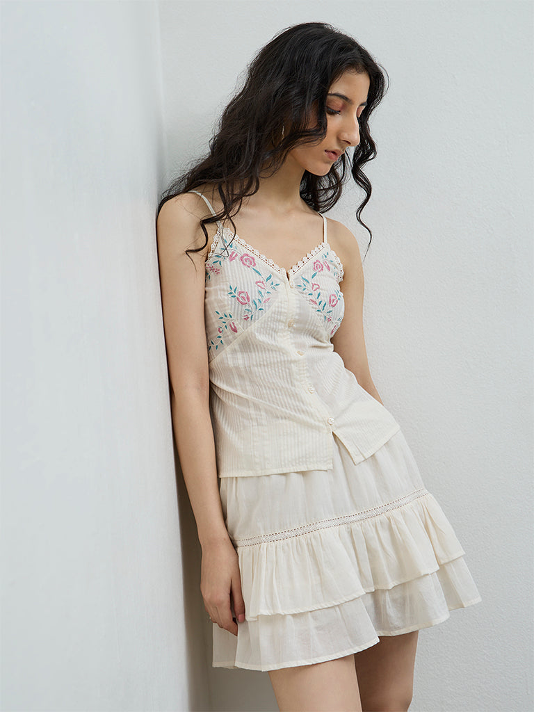 Bombay Paisley Off-White Floral Embroidered Cotton Top