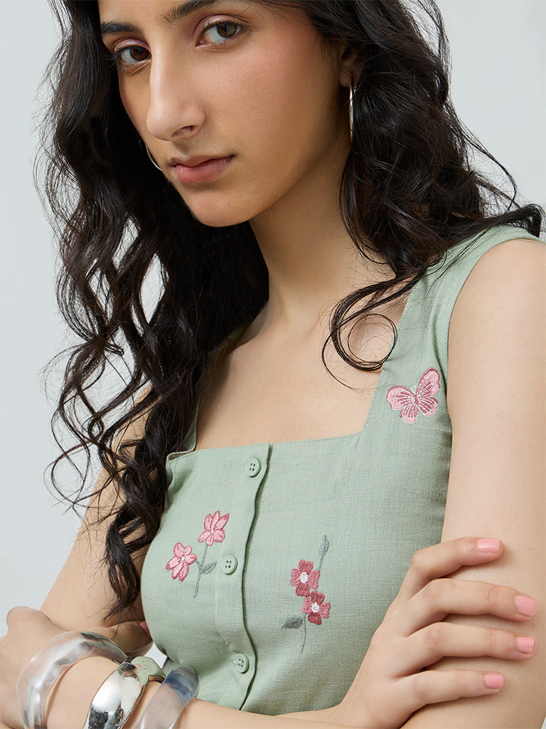 Bombay Paisley Sage Floral Embroidered Cotton-Blend Top
