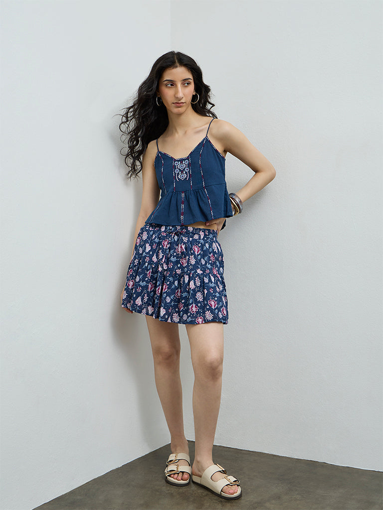 Bombay Paisley Blue Floral Embroidered Cotton Top