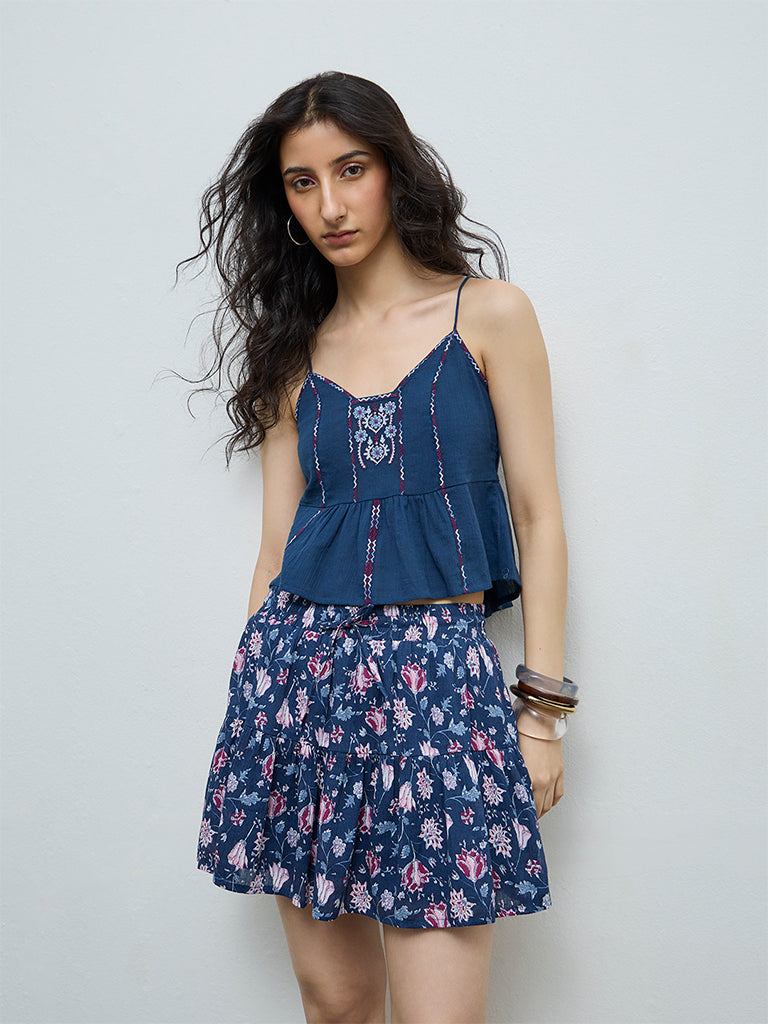 Bombay Paisley Blue Floral Embroidered Cotton Top