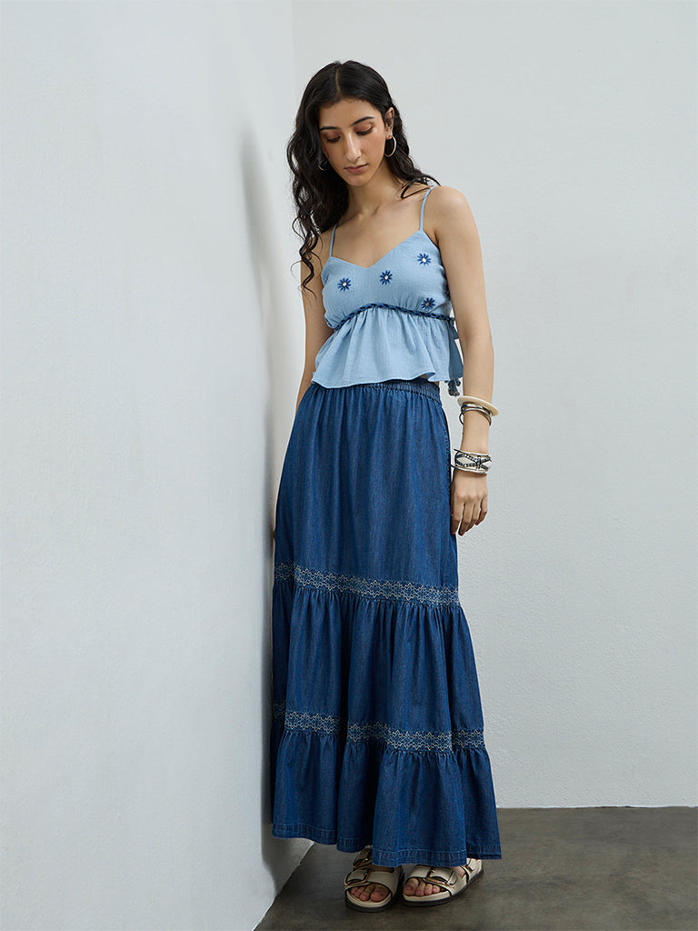 Bombay Paisley Blue Floral Embroidered Peplum Cotton Top