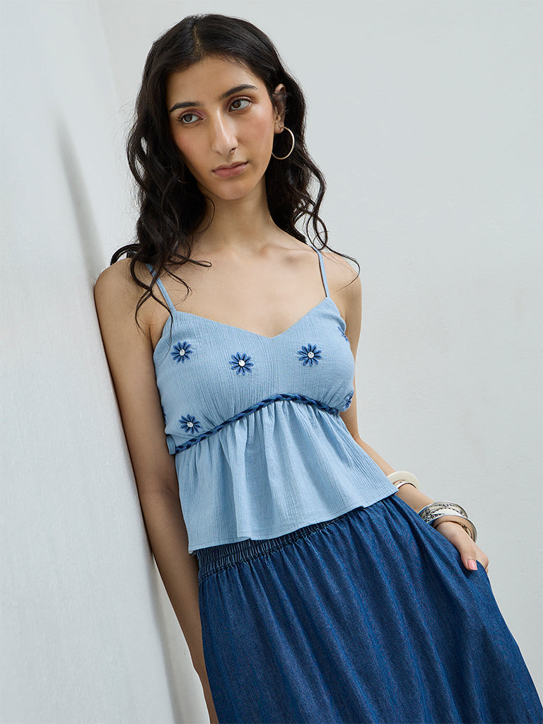 Bombay Paisley Blue Floral Embroidered Peplum Cotton Top