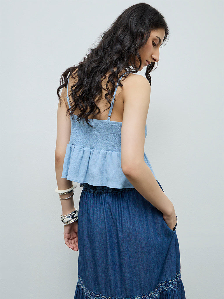 Bombay Paisley Blue Floral Embroidered Peplum Cotton Top
