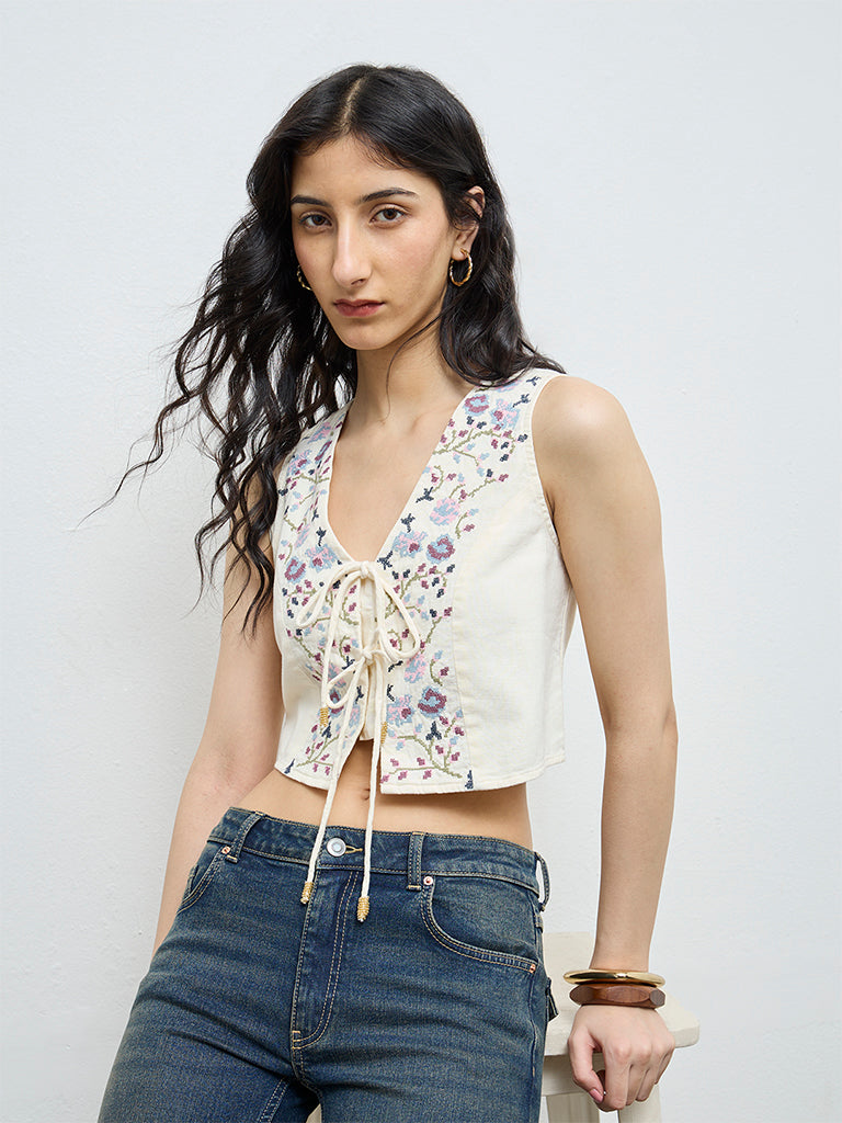 Bombay Paisley Cream Floral Embroidered Cotton-Blend Top