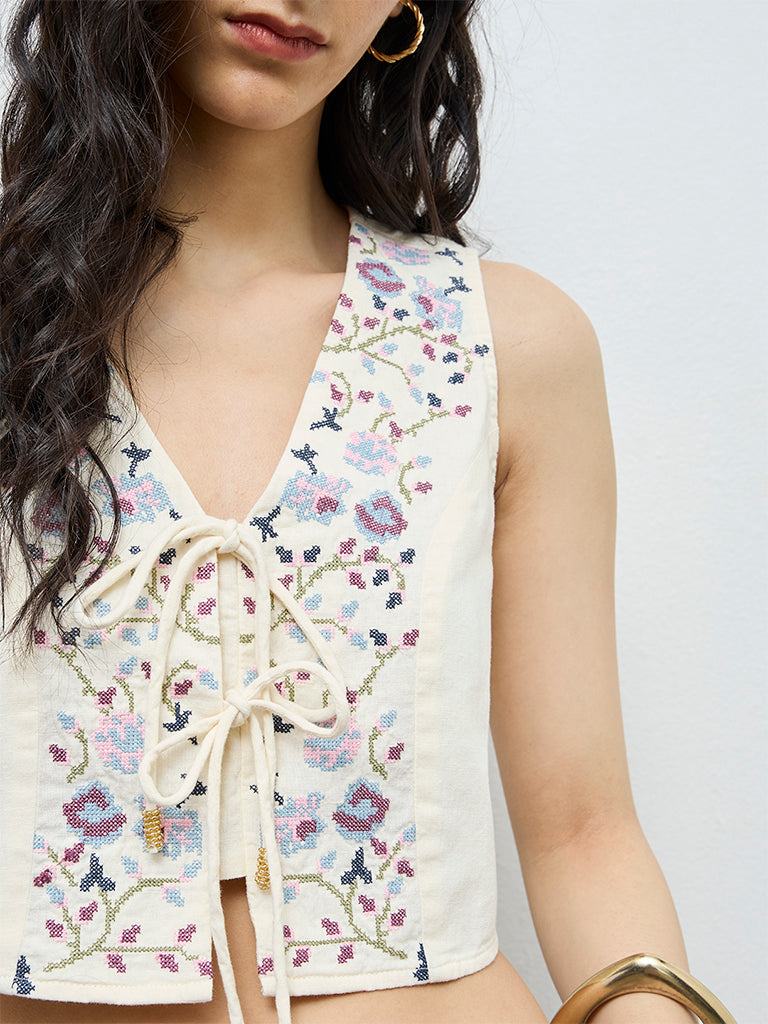 Bombay Paisley Cream Floral Embroidered Cotton-Blend Top