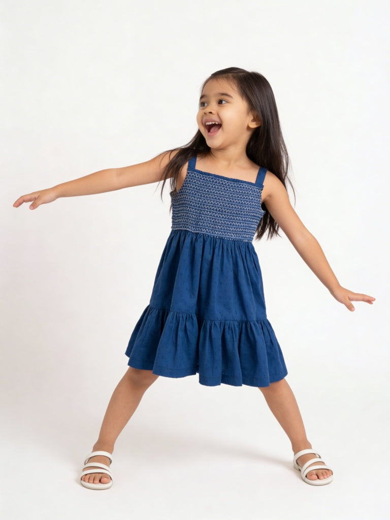 Utsa Kids Girls Indigo Embroidered A-Line Cotton-Blend Dress - (2-8 yrs)