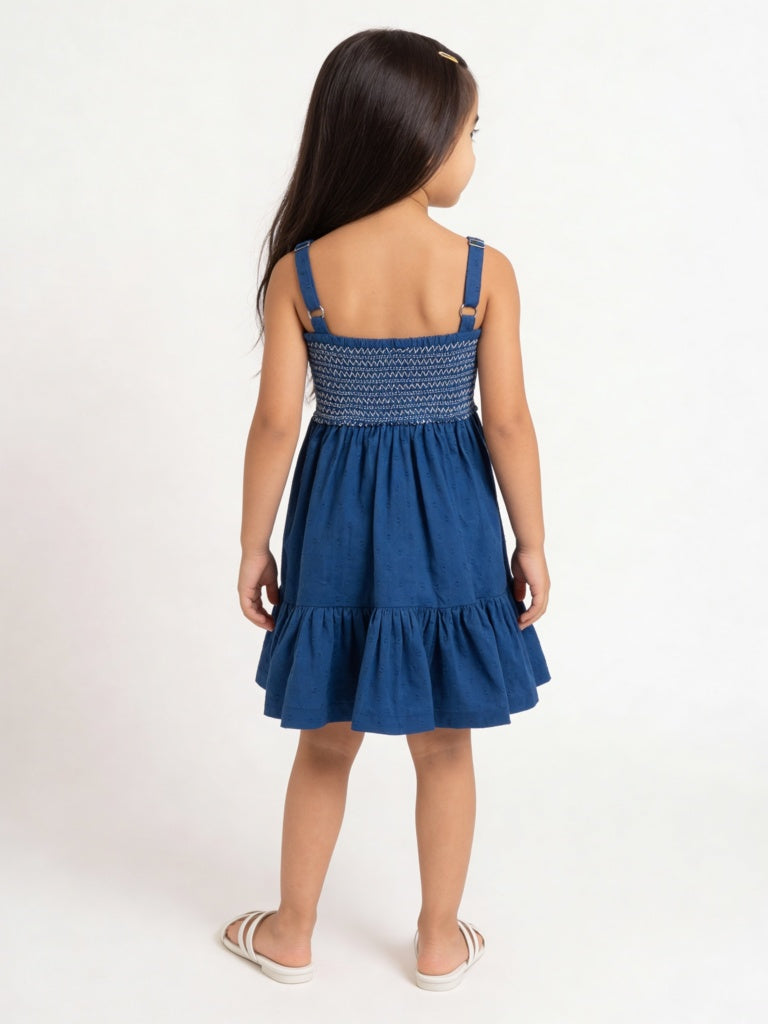 Utsa Kids Girls Indigo Embroidered A-Line Cotton-Blend Dress - (2-8 yrs)