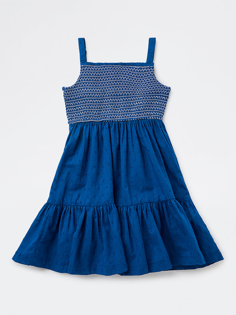 Utsa Kids Girls Indigo Embroidered A-Line Cotton-Blend Dress - (8-14 yrs)