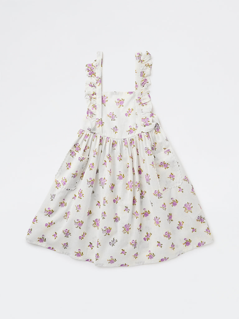 Utsa Kids Girls Off-White Floral Printed A-Line Cotton-Blend Dress - (2-8 yrs)