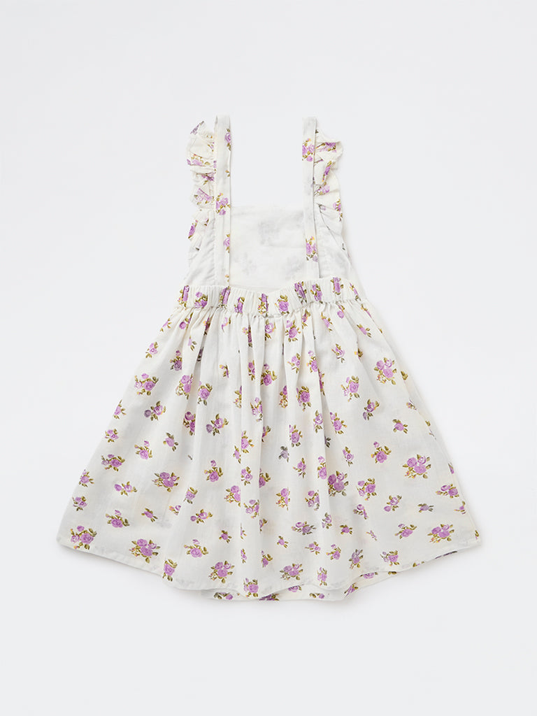 Utsa Kids Girls Off-White Floral Printed A-Line Cotton-Blend Dress - (2-8 yrs)