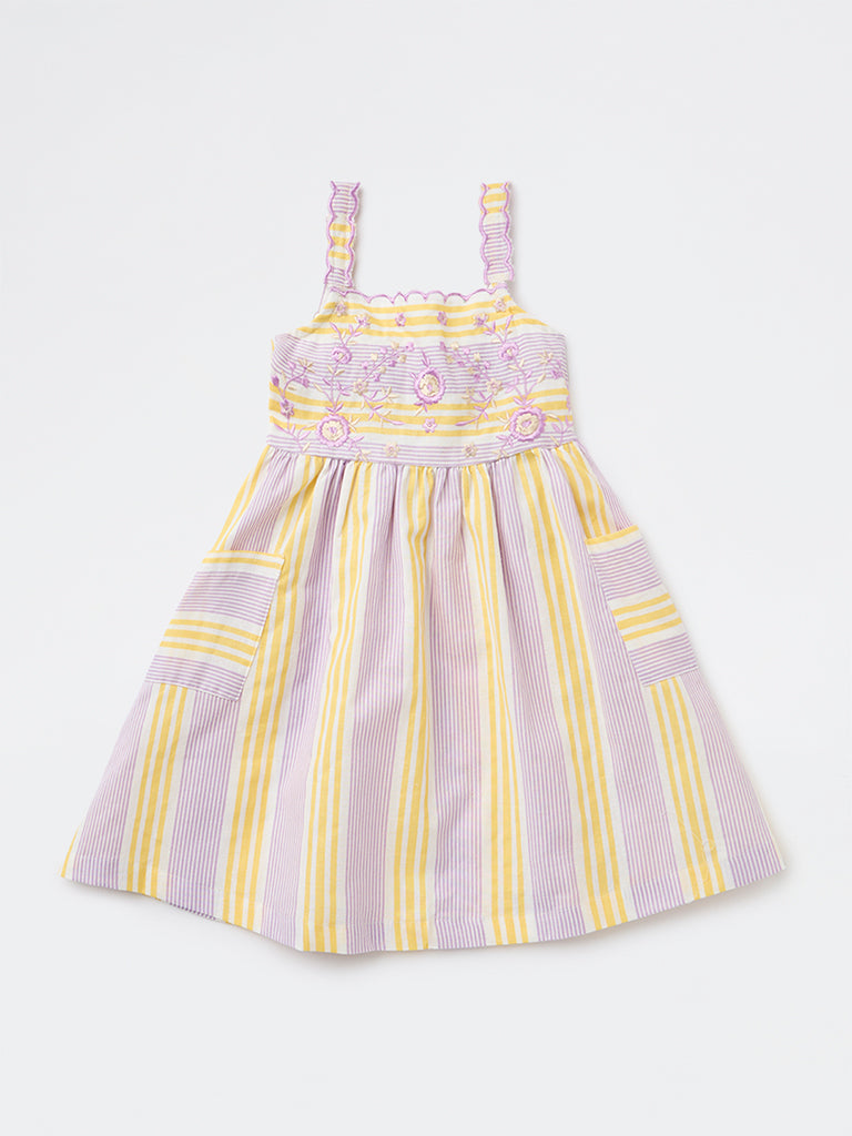 Utsa Kids Girls Multicolour Striped A-Line Cotton-Blend Dress - (2-8 yrs)