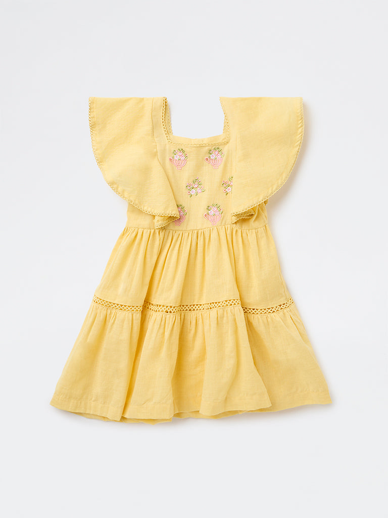 Utsa Kids Girls Yellow Embroidered A-Line Cotton Dress - (2-8 yrs)