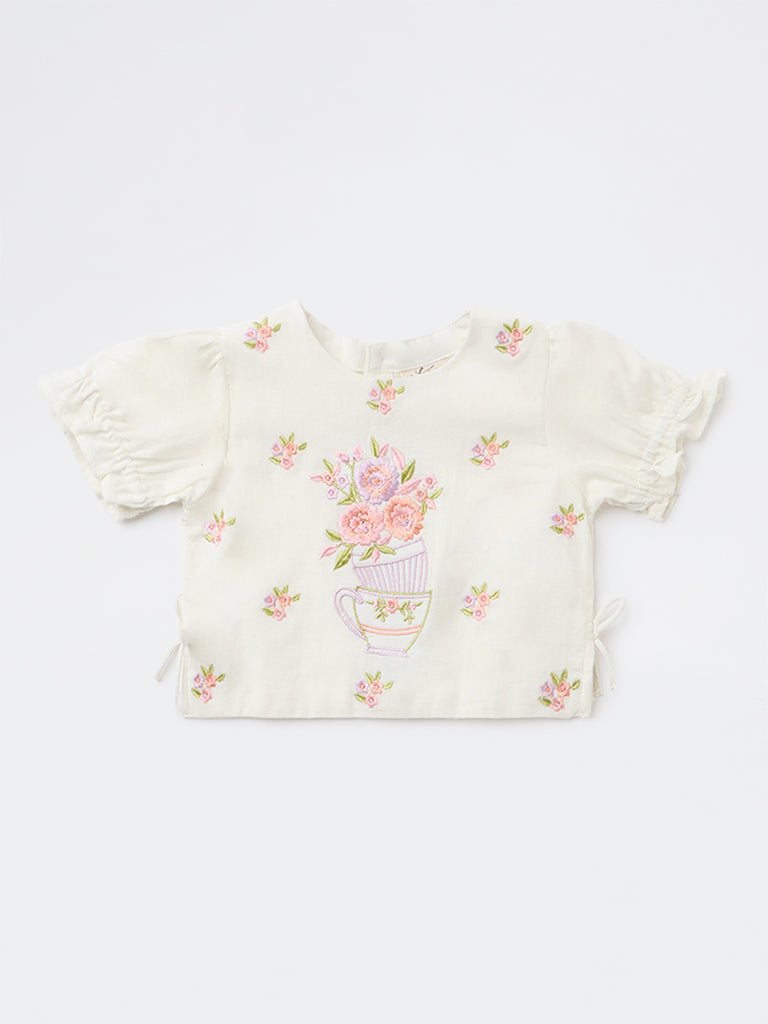 Utsa Kids Girls White Embroidered Cotton-Blend Top - (2-8 yrs)