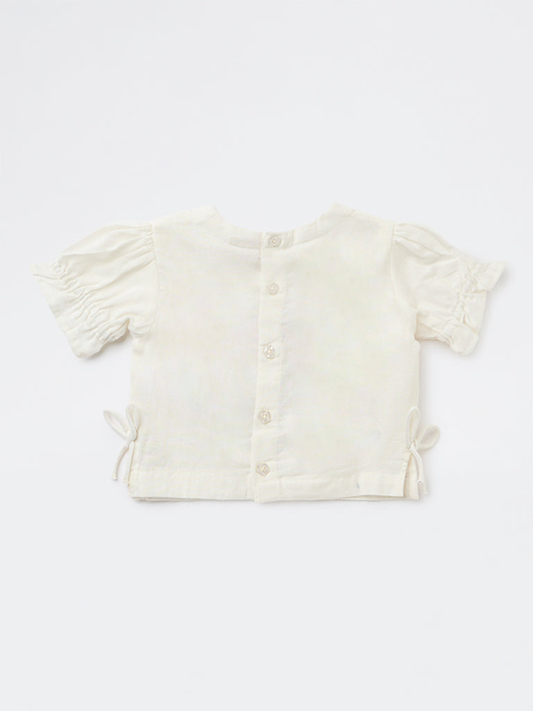 Utsa Kids Girls White Embroidered Cotton-Blend Top - (2-8 yrs)