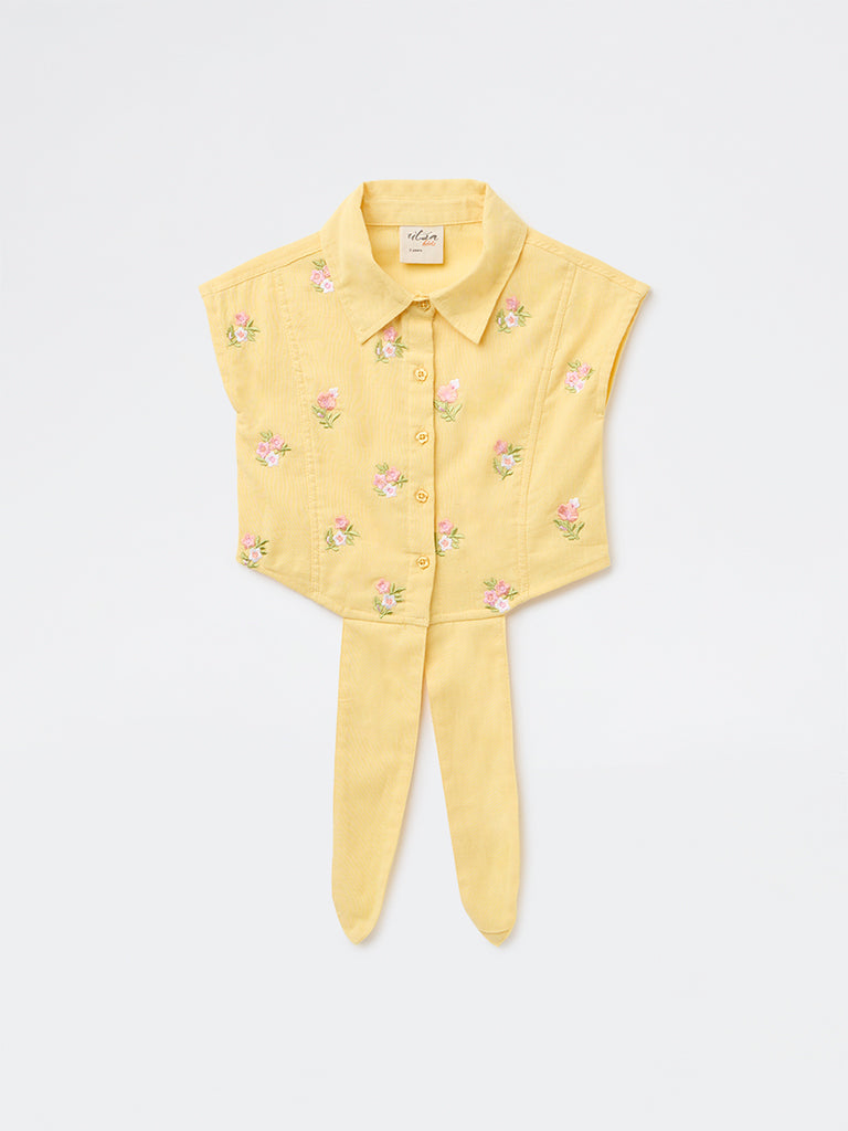 Utsa Kids Girls Yellow Embroidered Cotton-Blend Top - (2-8 yrs)