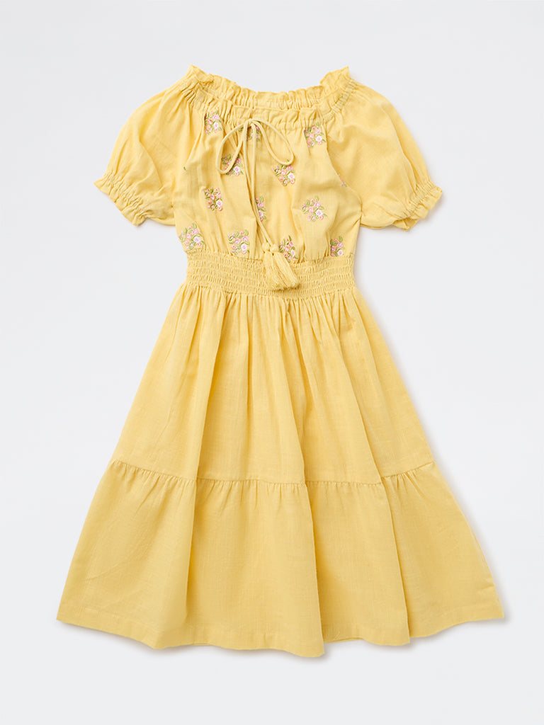 Utsa Kids Girls Yellow Floral Embroidered A-Line Cotton Dress