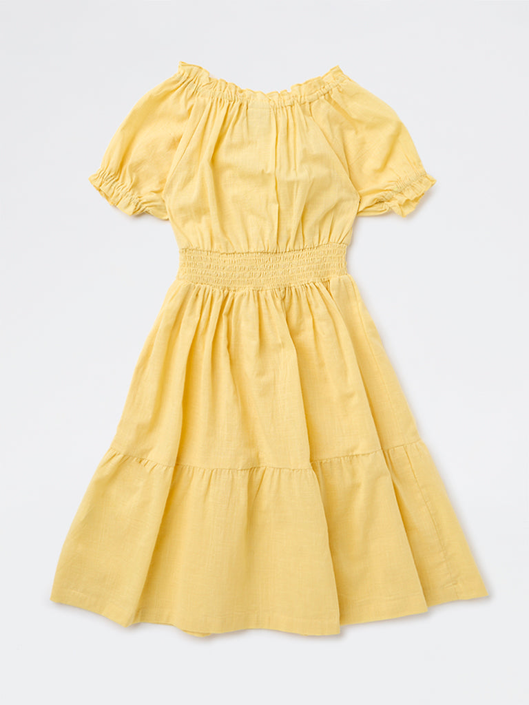 Utsa Kids Girls Yellow Floral Embroidered A-Line Cotton Dress