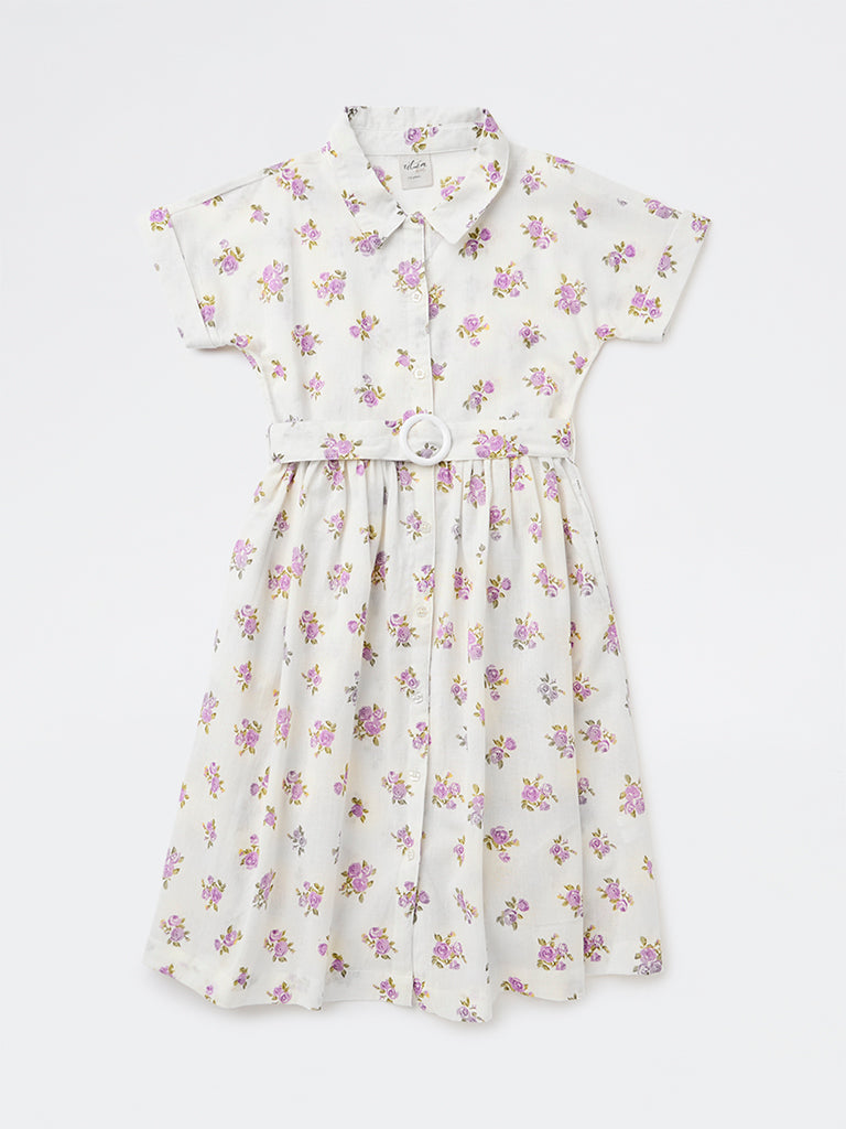Utsa Kids Girls White Floral Printed A-Line Cotton-Blend Dress - (8-14 yrs)