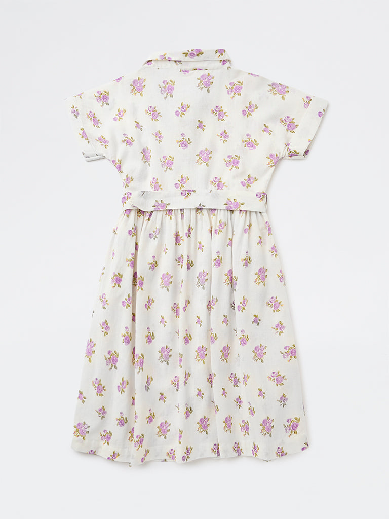 Utsa Kids Girls White Floral Printed A-Line Cotton-Blend Dress - (8-14 yrs)