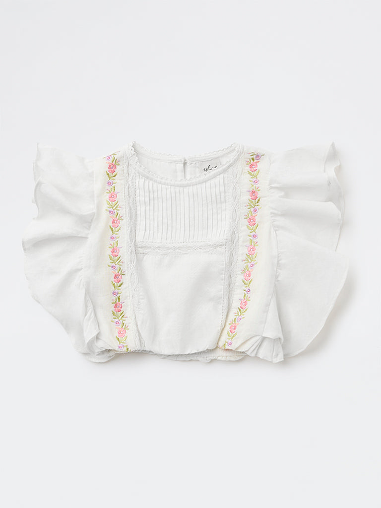 Utsa Kids Girls White Embroidered Cotton-Blend Top - (8-14 yrs)