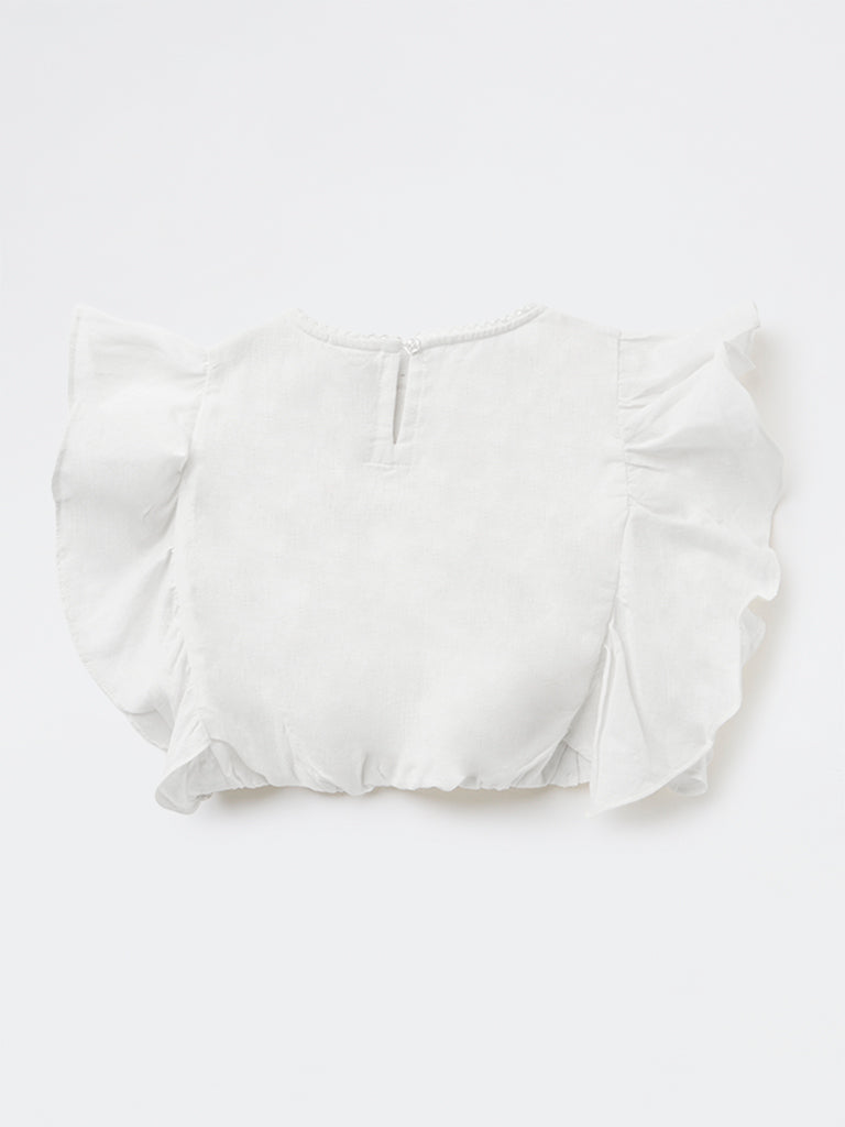 Utsa Kids Girls White Embroidered Cotton-Blend Top - (8-14 yrs)