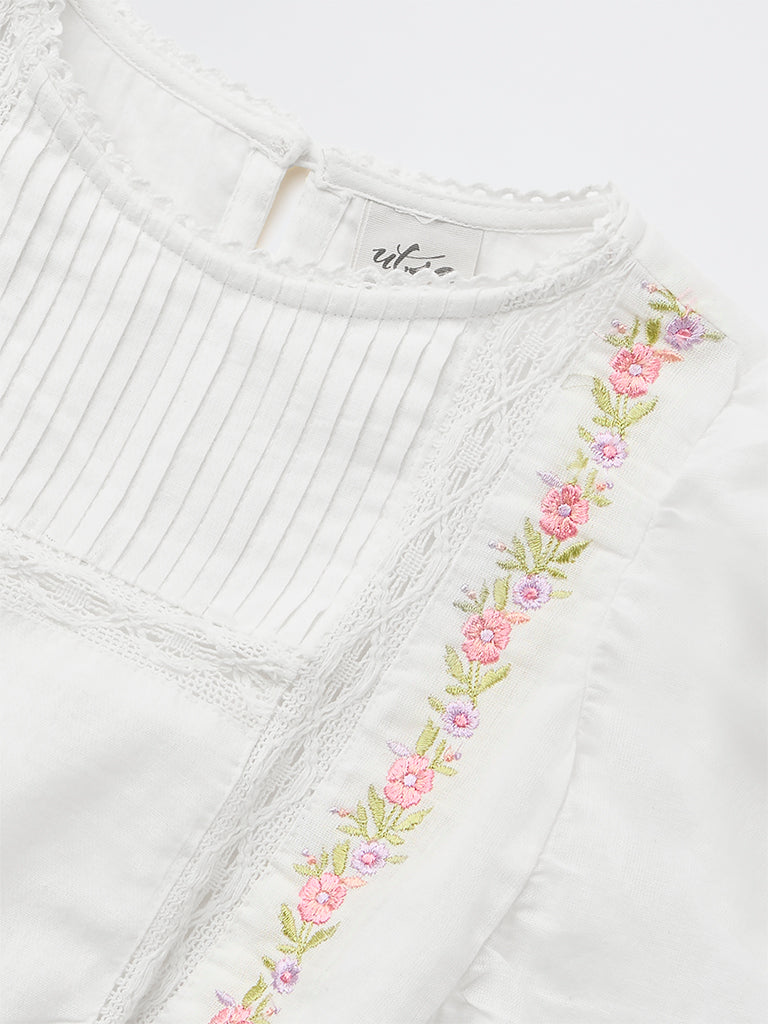 Utsa Kids Girls White Embroidered Cotton-Blend Top - (8-14 yrs)