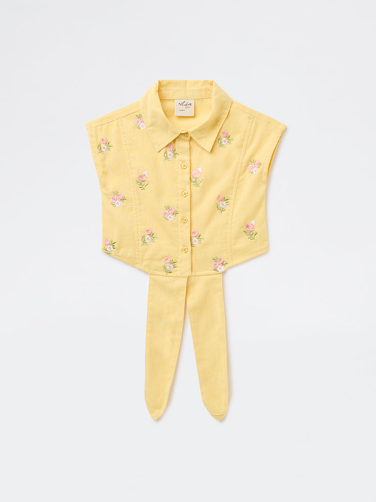 Utsa Kids Girls Yellow Embroidered Cotton-Blend Top - (8-14 yrs)