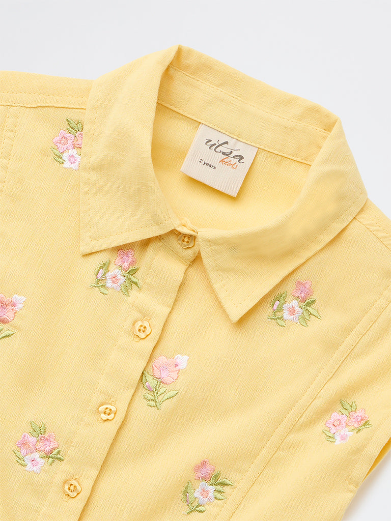 Utsa Kids Girls Yellow Embroidered Cotton-Blend Top - (8-14 yrs)