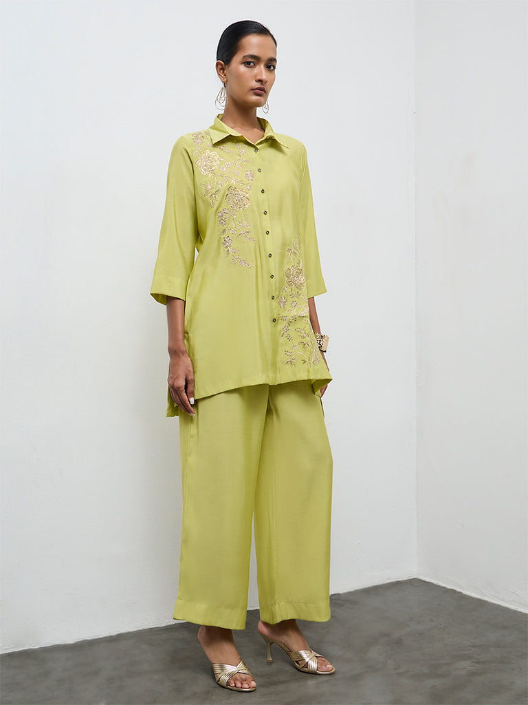 Vark Lime Floral Embroidered Straight Ethnic Set
