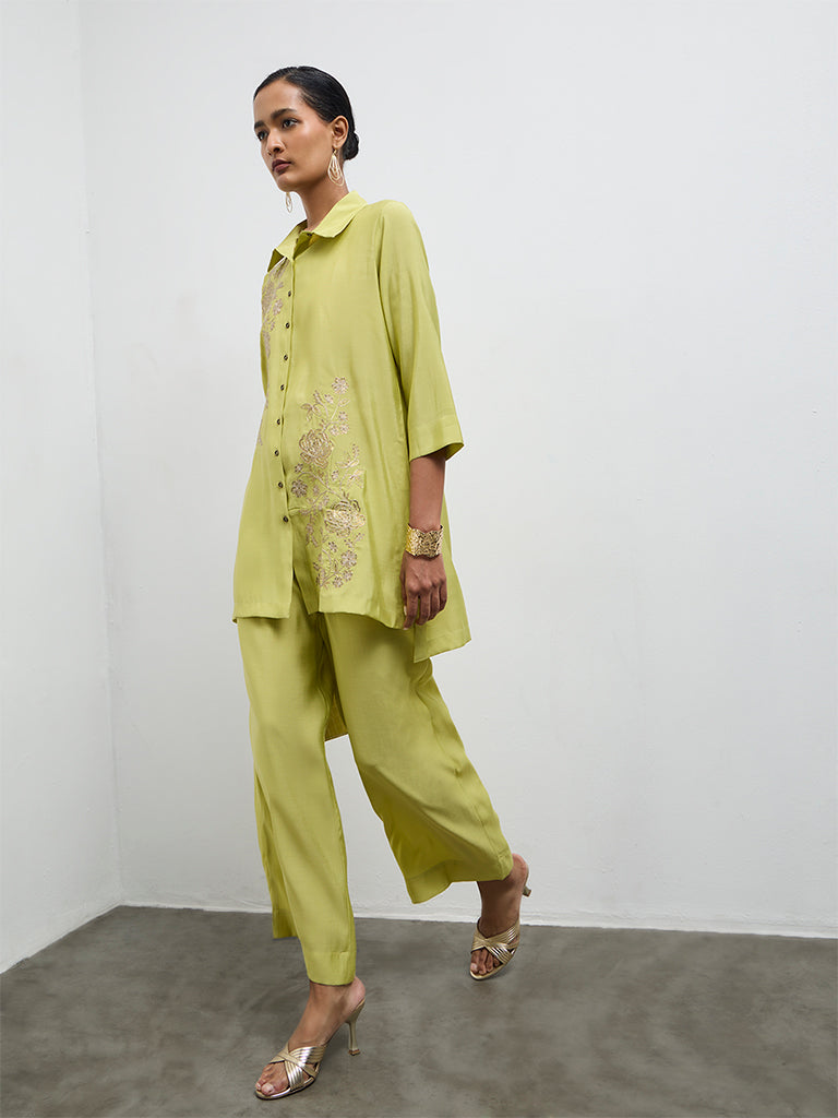 Vark Lime Floral Embroidered Straight Ethnic Set