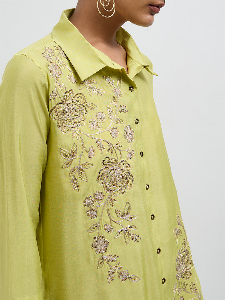 Vark Lime Floral Embroidered Straight Ethnic Set