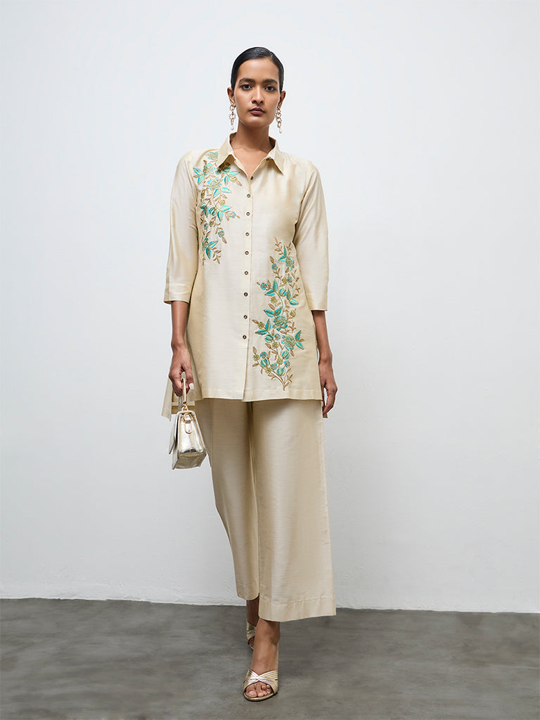 Vark Ivory Floral Embroidered Straight Ethnic Set