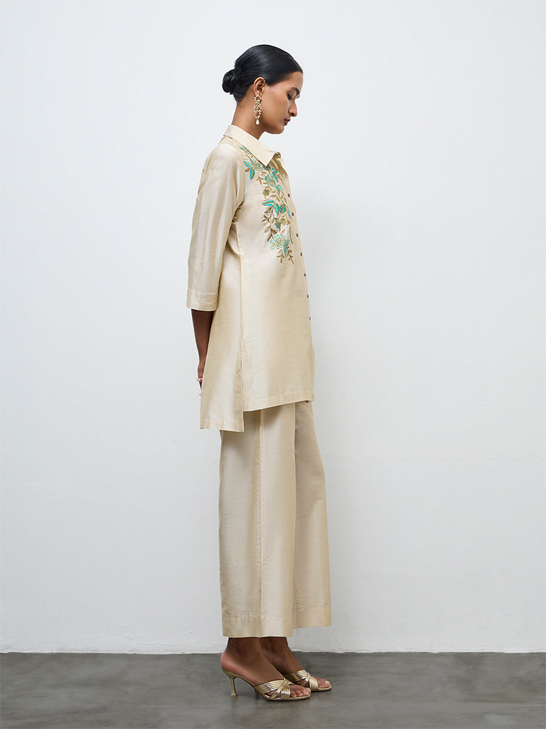 Vark Ivory Floral Embroidered Straight Ethnic Set