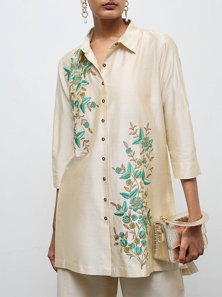 Vark Ivory Floral Embroidered Straight Ethnic Set