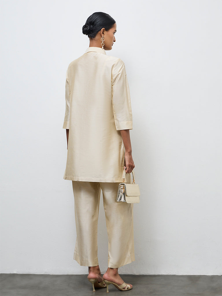 Vark Ivory Floral Embroidered Straight Ethnic Set