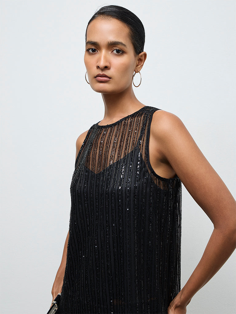 Vark Black Embellished Straight Ethnic Set with a Camisole