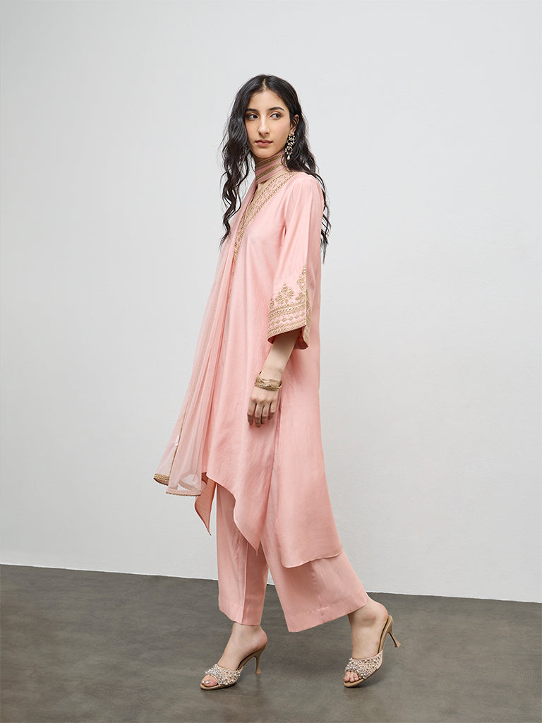 Vark Peach Embroidered A-Line Ethnic Set