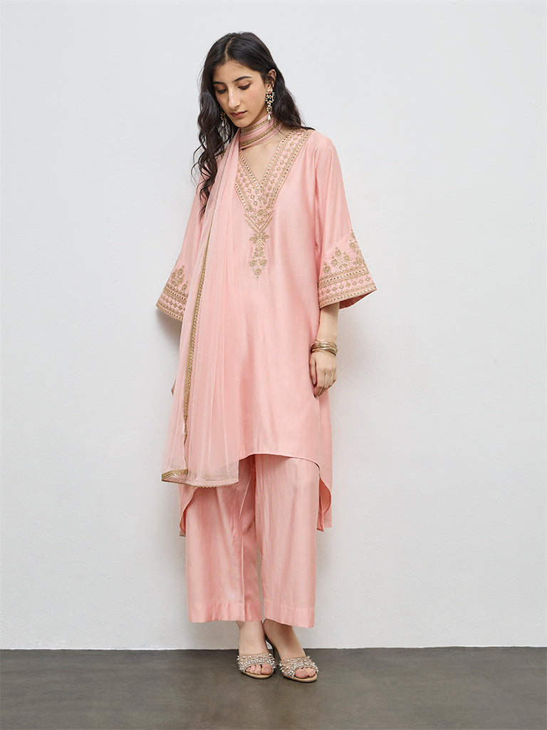 Vark Peach Embroidered A-Line Ethnic Set