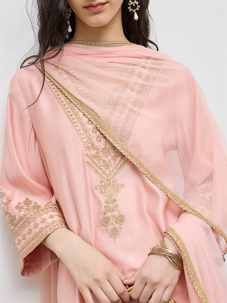 Vark Peach Embroidered A-Line Ethnic Set