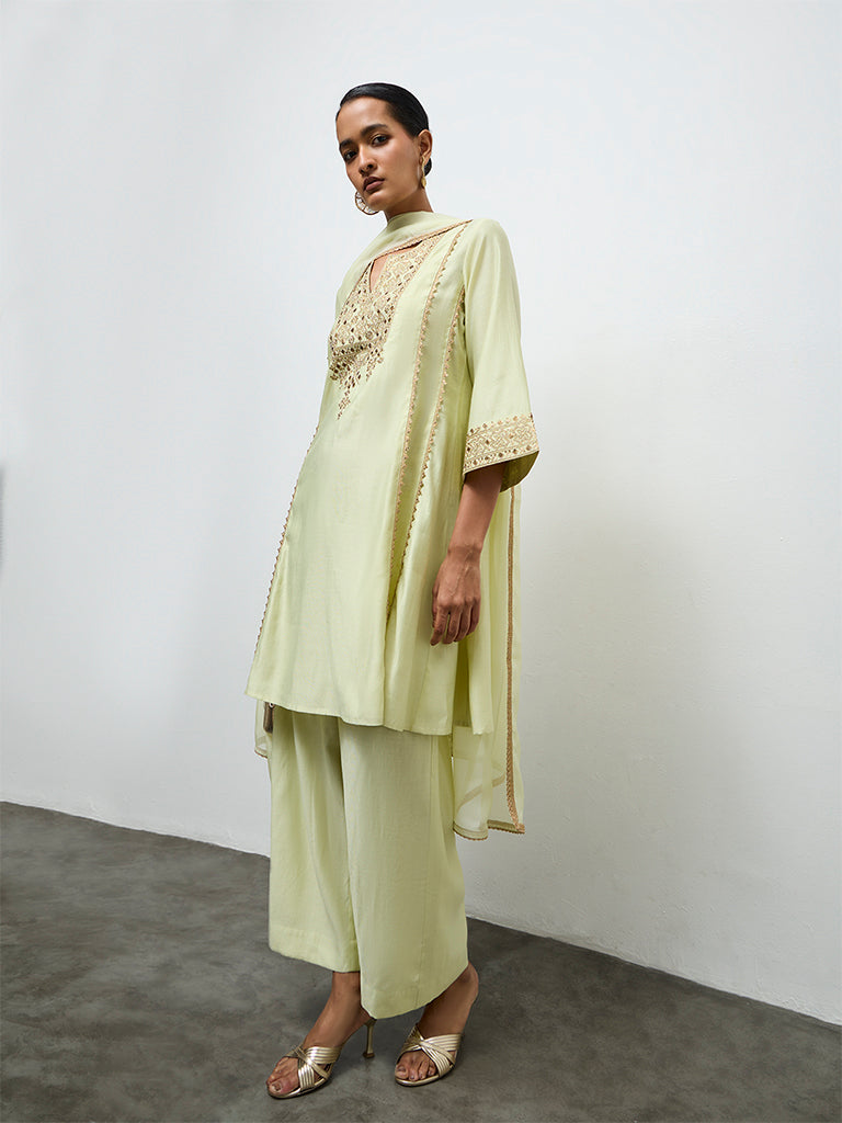 Vark Light Green Embroidered A-Line Ethnic Set