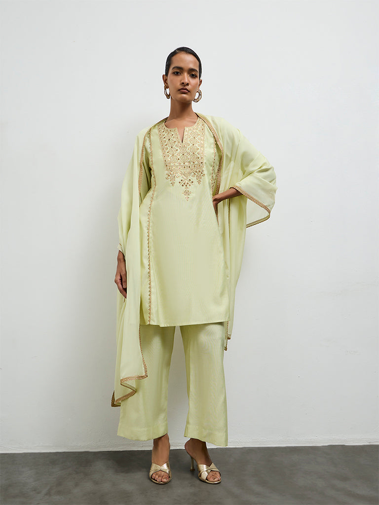 Vark Light Green Embroidered A-Line Ethnic Set